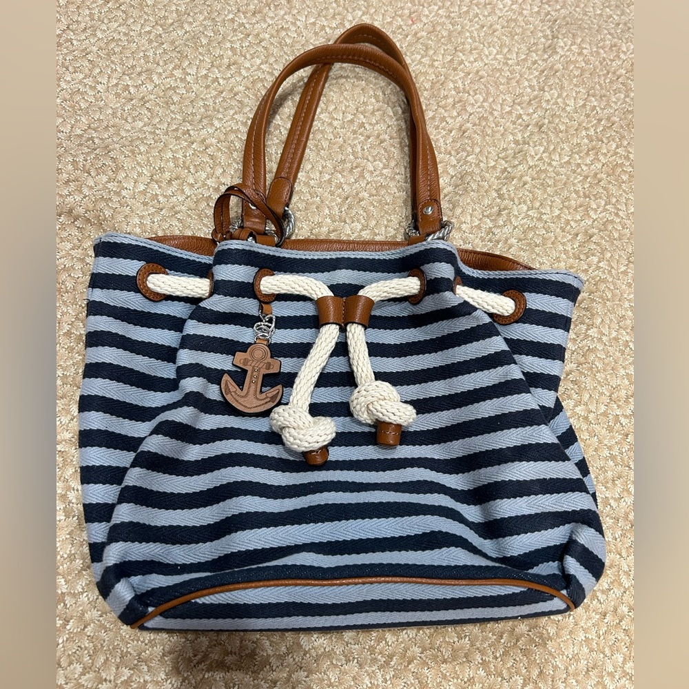 BRIGHTON BLUE SEA SIDE SURF STRIPED, ANCHOR NAUTICAL DRAWSTRING HANDBAG